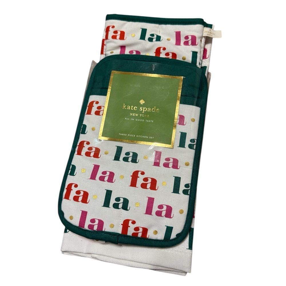 NWT Kate Spade Christmas Kitchen Set Oven Mits and Towel Fa La La